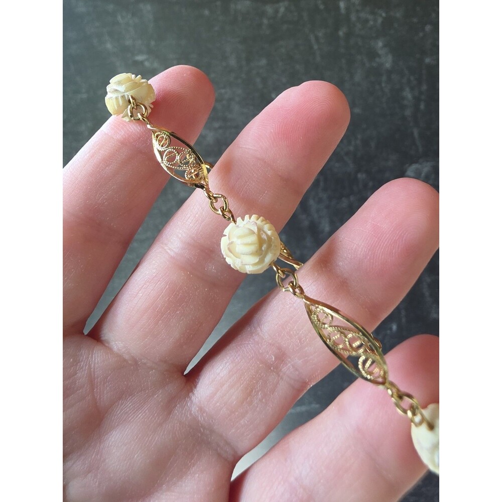 12K Yellow Gold Filled Floral Celluloid Beaded Bracelet Vintage READ Description